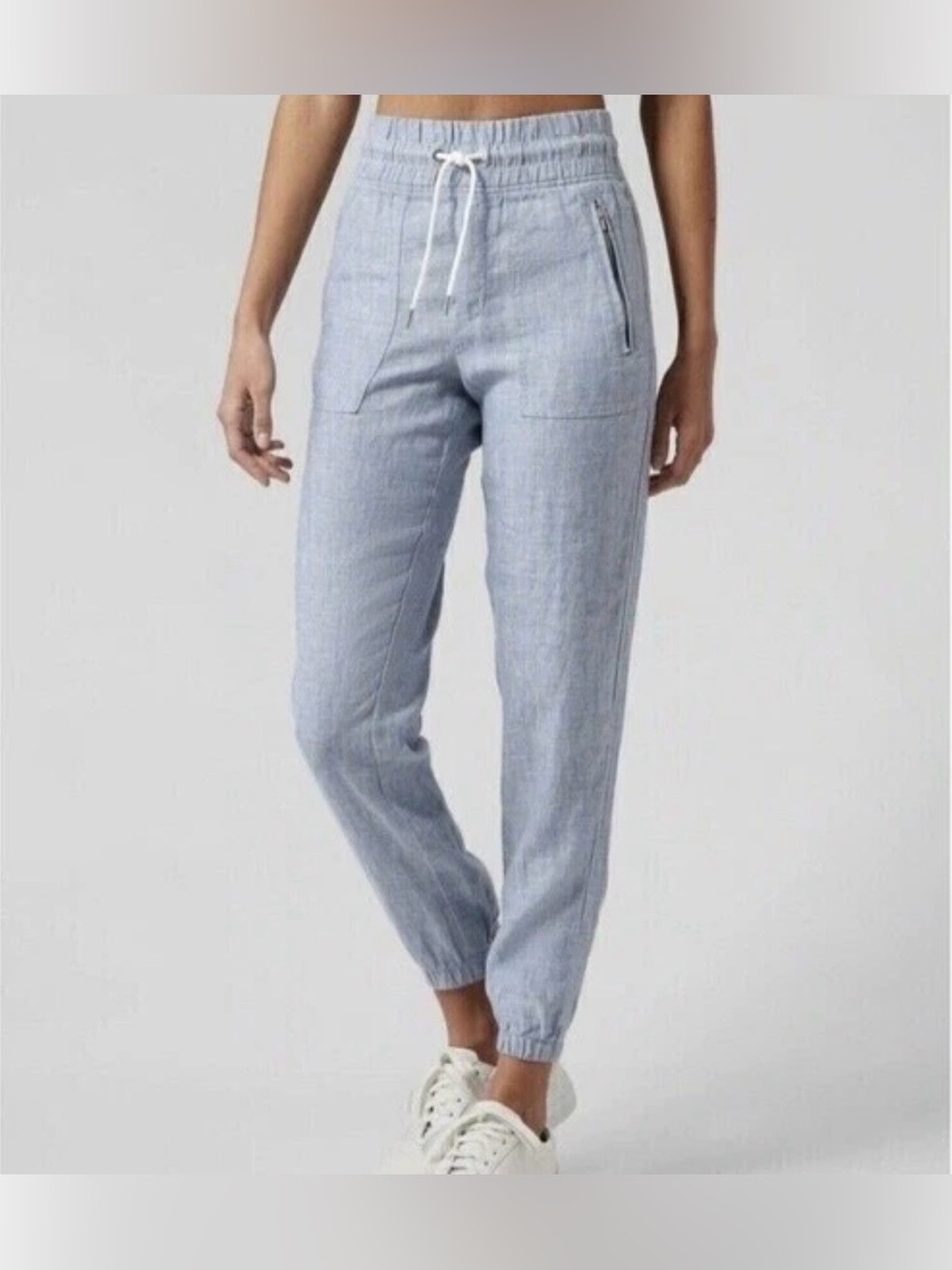 Athleta Cabo Linen Jogger Pants Size 2 Blue 100% Linen Drawstring